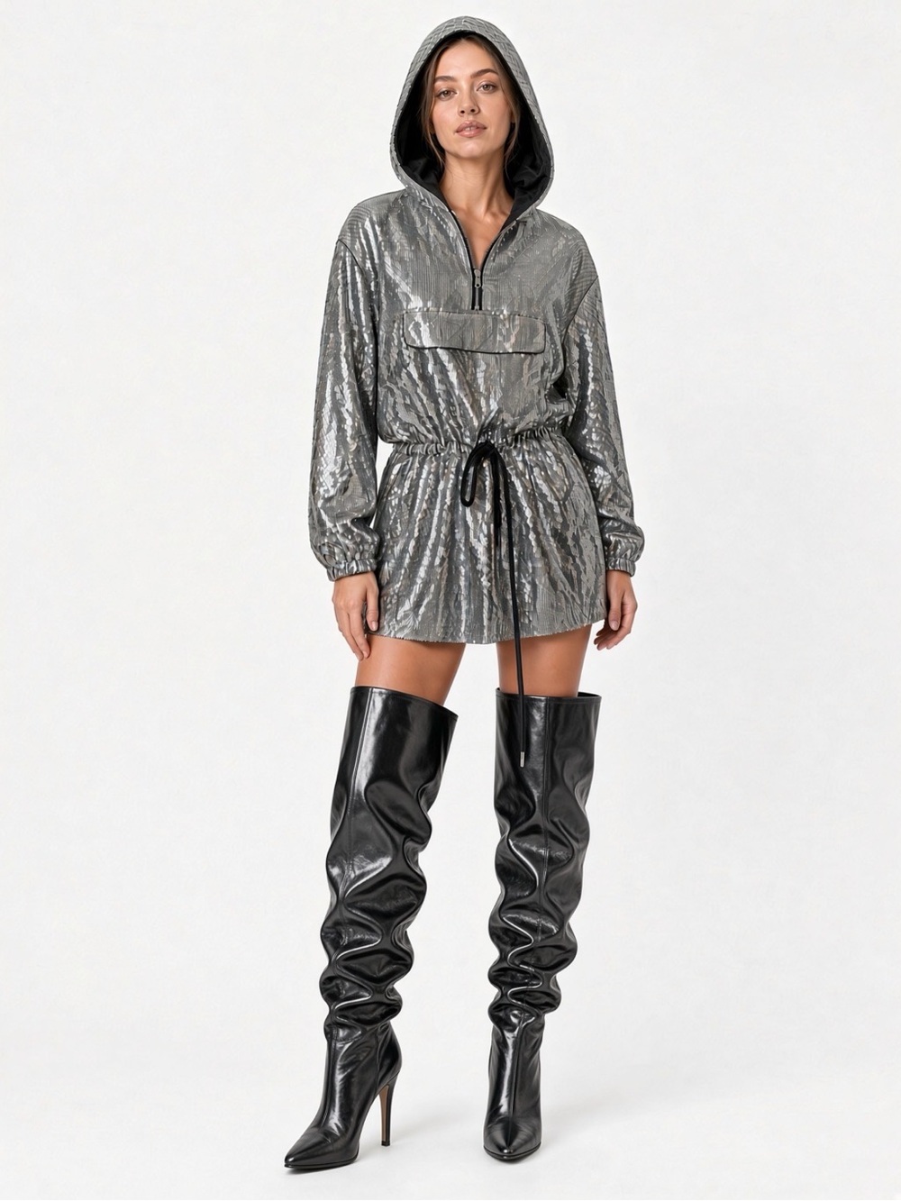 Moschino Silver Sequin Hooded Mini Dress with Drawstring